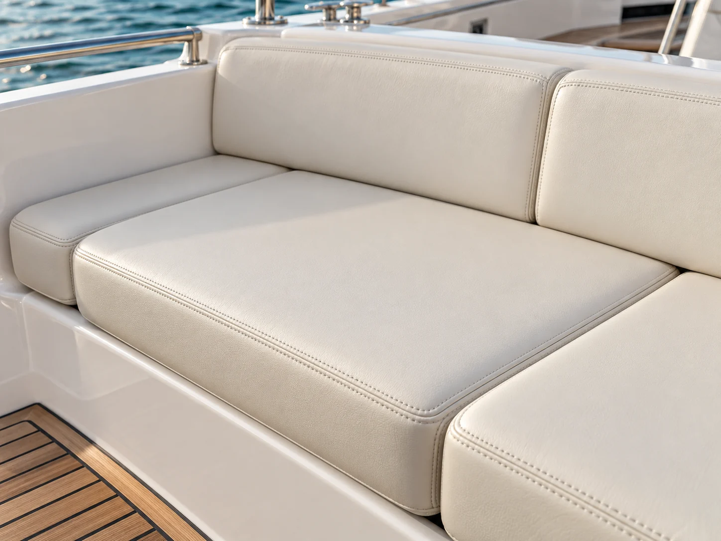 Ivory boat seat cushions with rounded edges and neat double stitching in a yacht cockpit